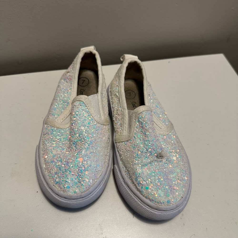 Cat &‎ Jack Girls' Glitter Slip On Sneakers Shoes White Iridescent Size 7